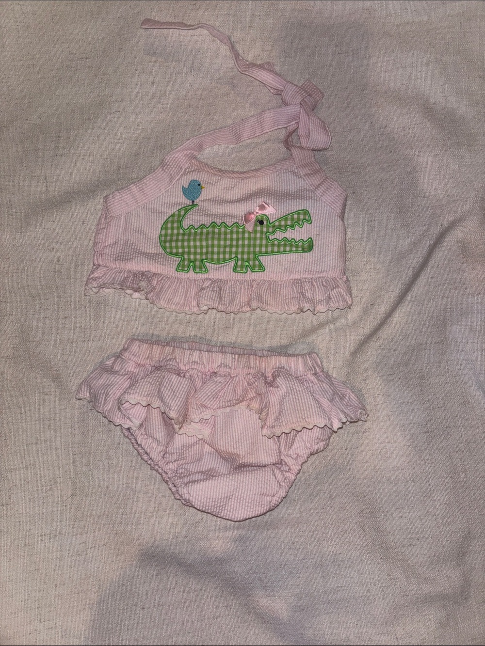 Toddler Pink Ruffle Two-Piece Swim Set with Green Gator Appliqué